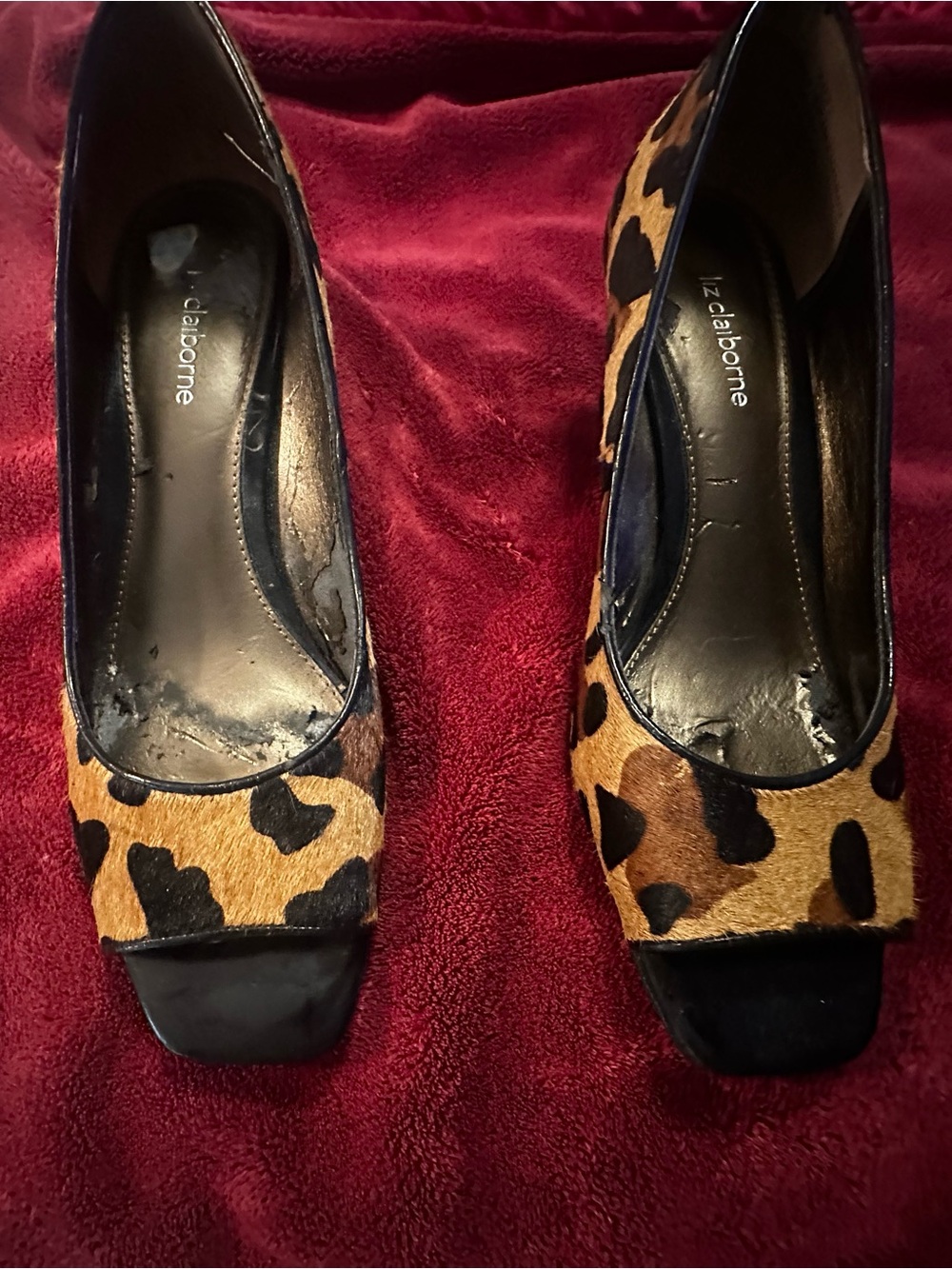 Liz Claiborne Leopard Print Peep-Toe Pumps in Brown and Black